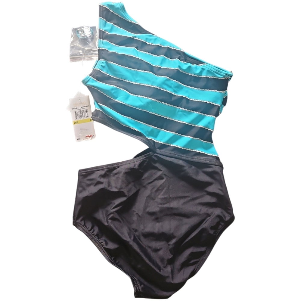 NWT MICHAEL Michael Kors Rope Rugby Stripe One Shoulder Cut Out One Piece 4 - Picture 7 of 9